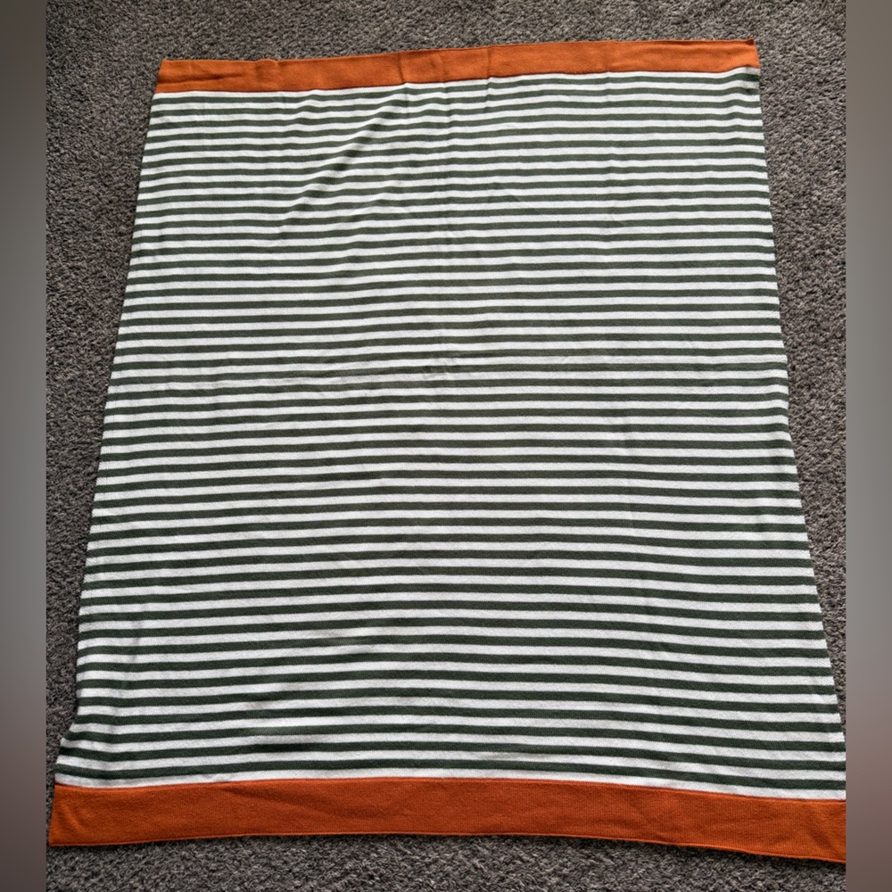 Striped Gray and White Throw Blanket with Orange Trim